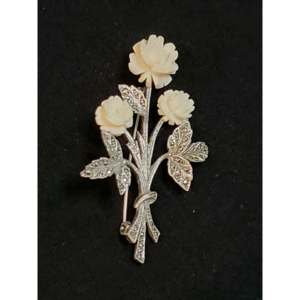 Vintage Sterling Germany Marcasite Carved Bovine Rose Flower Brooch Pin 2 1/2